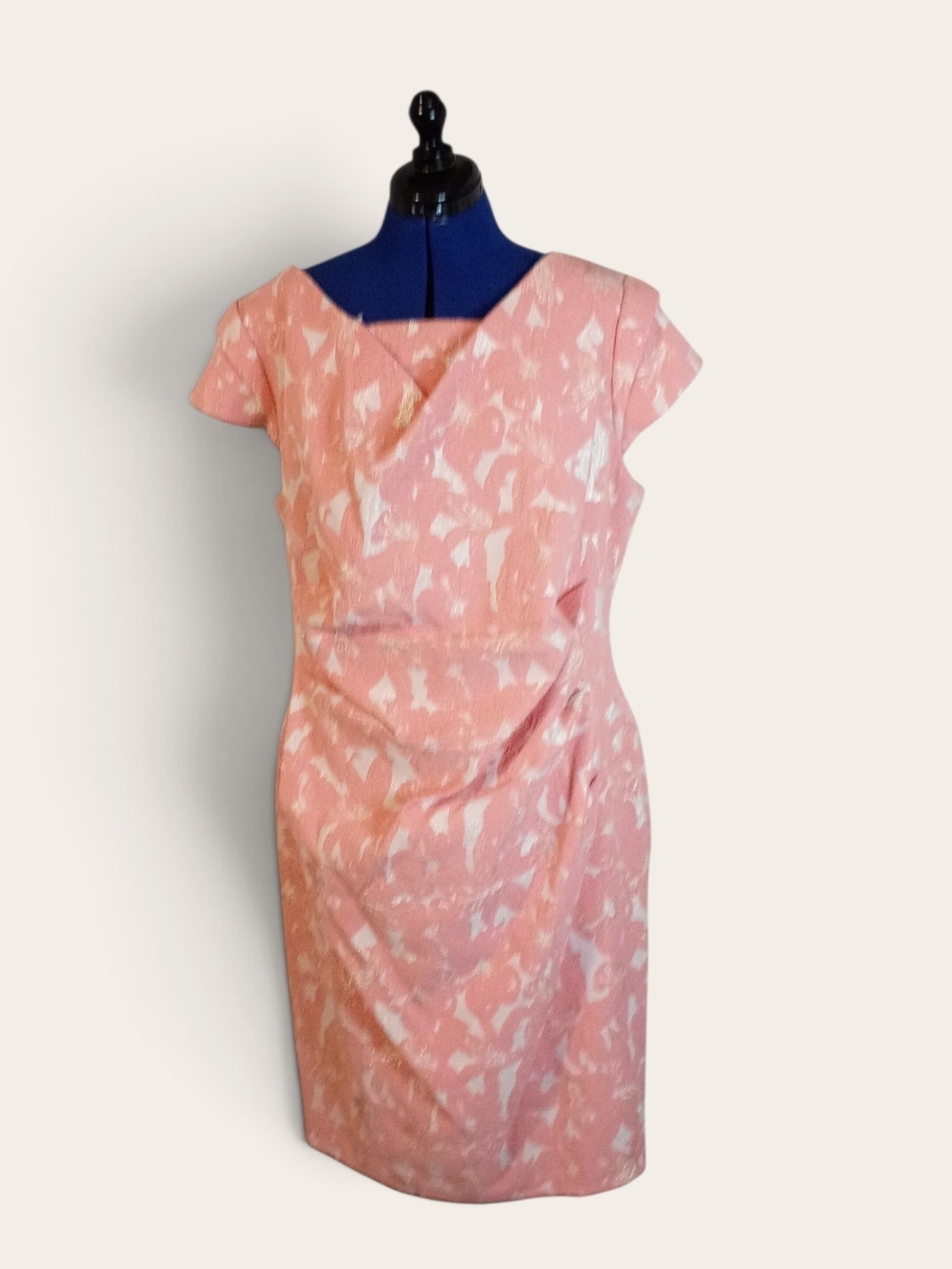 Adrianna Papell Pink and White Draped Cap-Sleeve Sheath Midi Dress
